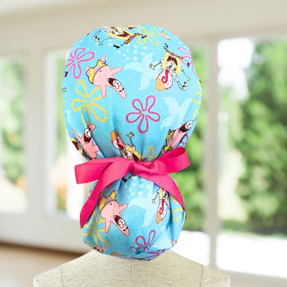 Sponge Bob in Blue Ponytail Scrub Cap, Nurse Cap, Scrub Hat, OR Scrub, CNA, Gift